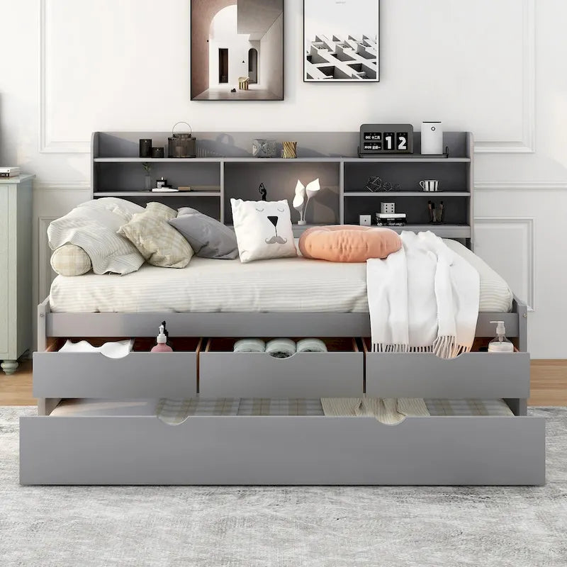Full Size Wooden Captain Bed with Built-in Bookshelves,Three Storage Drawers and Trundle