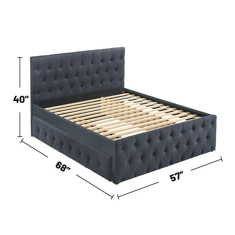 Button-Tufted Linen Upholstered Platform Bed with Charcoal Grey Headboard