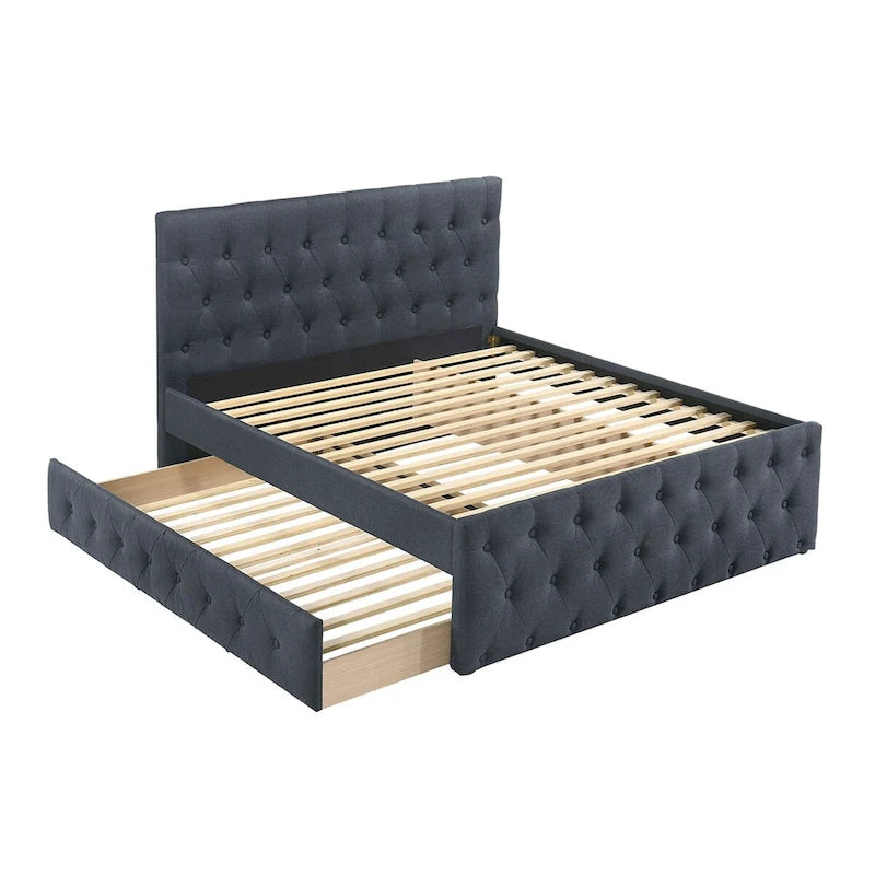 Button-Tufted Linen Upholstered Platform Bed with Charcoal Grey Headboard