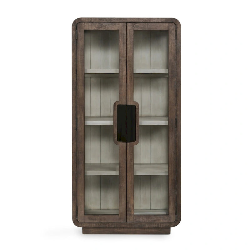 Brown Reclaimed Pine Tall Display Cabinet with Tempered Glass Doors