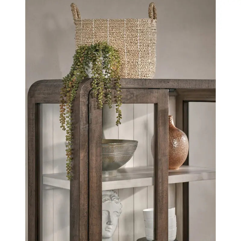 Brown Reclaimed Pine Tall Display Cabinet with Tempered Glass Doors