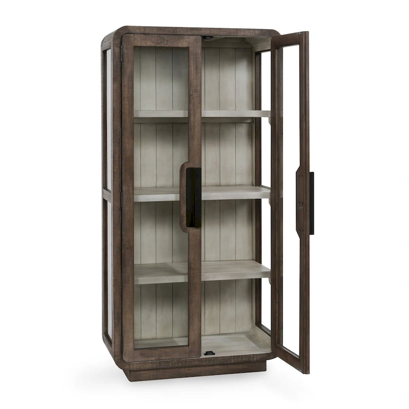 Brown Reclaimed Pine Tall Display Cabinet with Tempered Glass Doors
