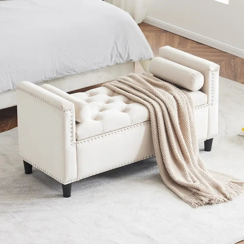 Storage Bench, 44.5-Inch Queen Velvet Button Bedside Bench, Entryway Living Room with Armrests, Nailhead Trim
