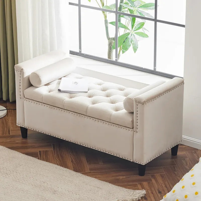 Storage Bench, 44.5-Inch Queen Velvet Button Bedside Bench, Entryway Living Room with Armrests, Nailhead Trim