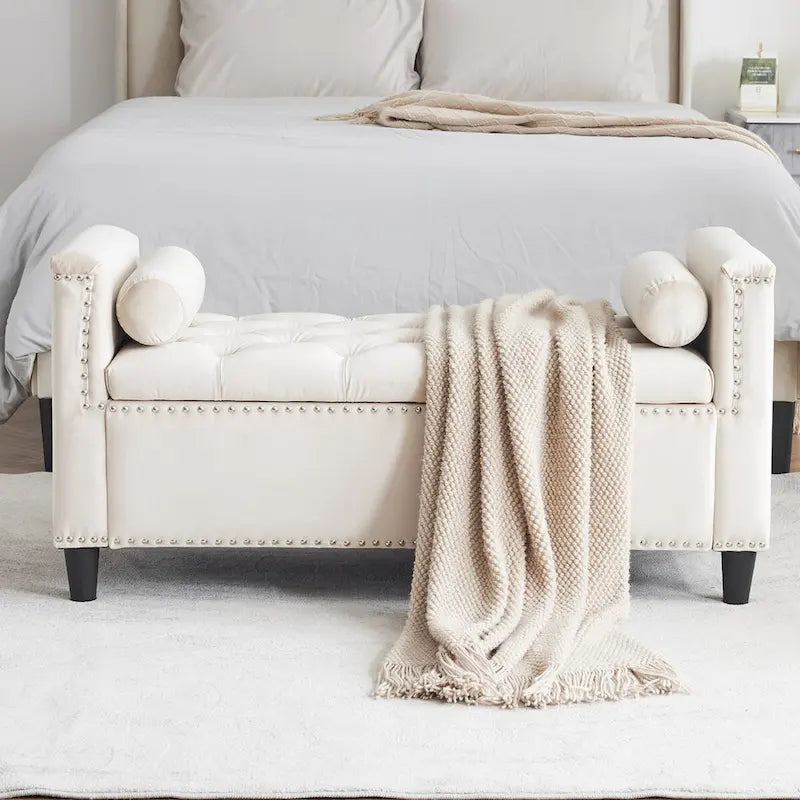 Storage Bench, 44.5-Inch Queen Velvet Button Bedside Bench, Entryway Living Room with Armrests, Nailhead Trim
