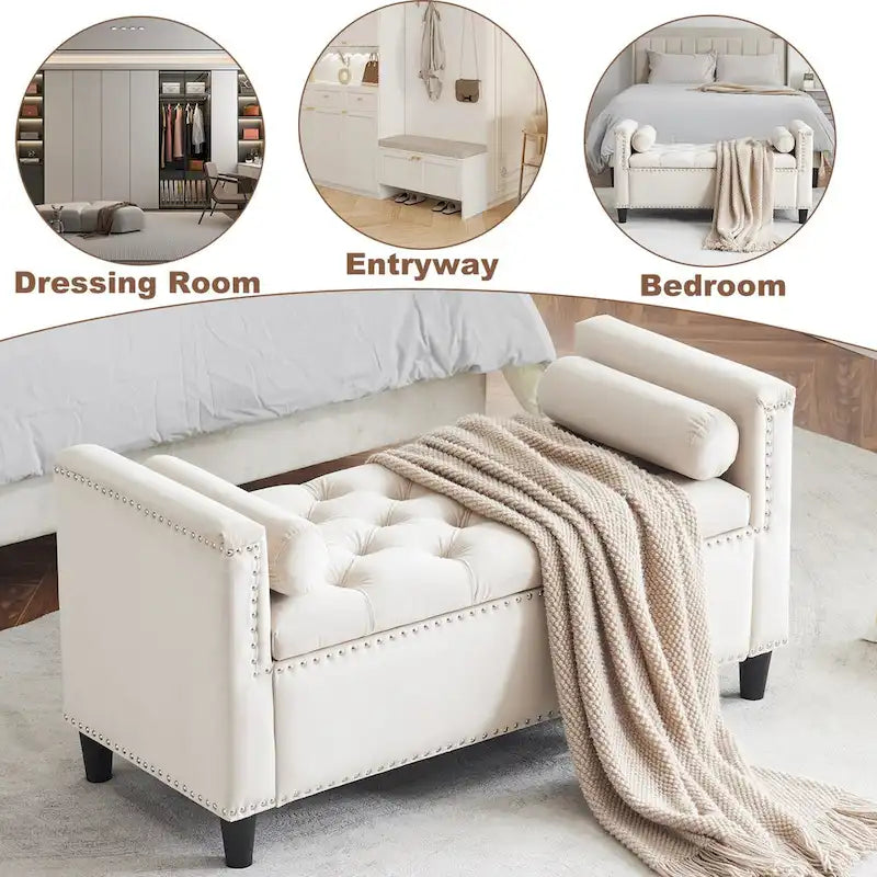 Storage Bench, 44.5-Inch Queen Velvet Button Bedside Bench, Entryway Living Room with Armrests, Nailhead Trim