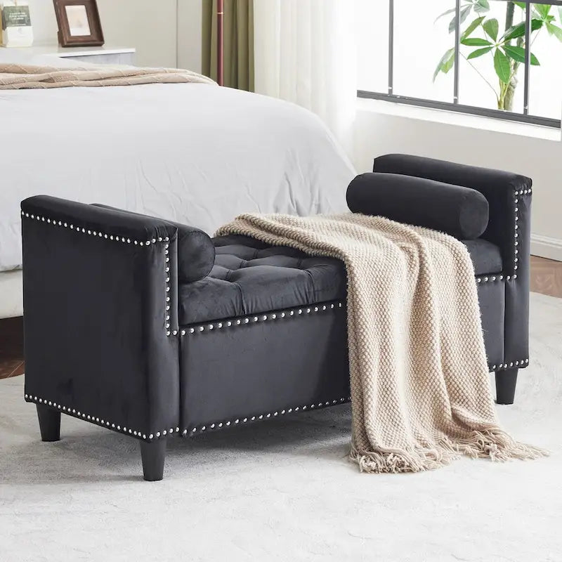 Storage Bench, 44.5-Inch Queen Velvet Button Bedside Bench, Entryway Living Room with Armrests, Nailhead Trim