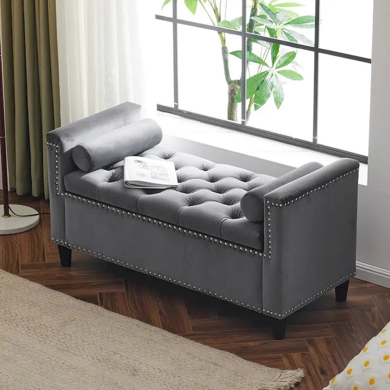 Storage Bench, 44.5-Inch Queen Velvet Button Bedside Bench, Entryway Living Room with Armrests, Nailhead Trim