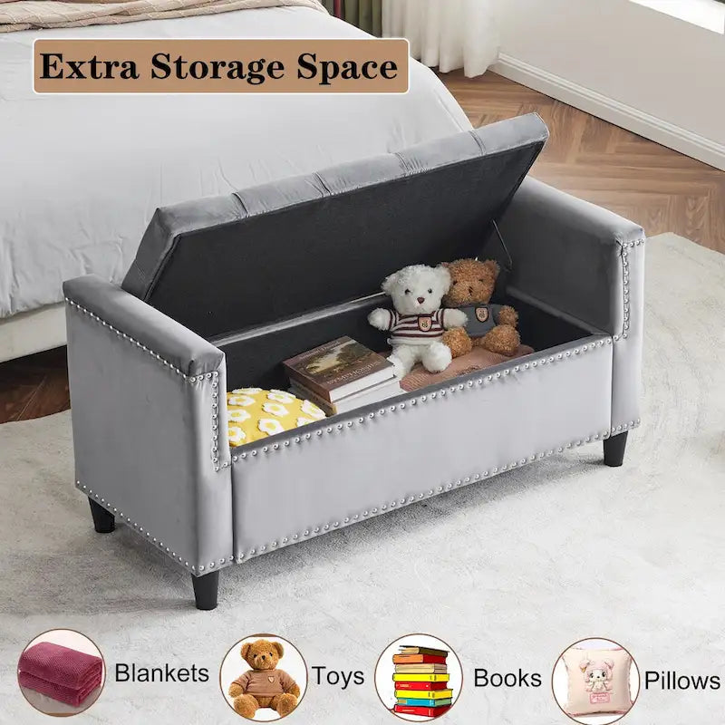 Storage Bench, 44.5-Inch Queen Velvet Button Bedside Bench, Entryway Living Room with Armrests, Nailhead Trim
