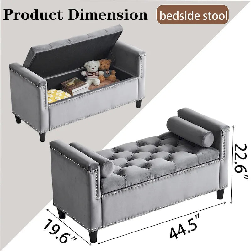 Storage Bench, 44.5-Inch Queen Velvet Button Bedside Bench, Entryway Living Room with Armrests, Nailhead Trim