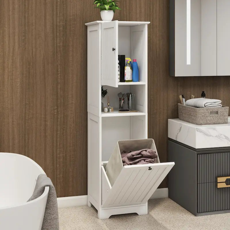 White Bathroom Floor Storage Cabinet with Tilt-Out Laundry Hamper and Open Shelves