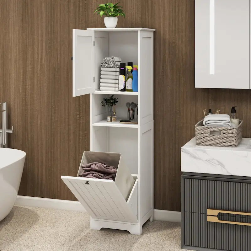 White Bathroom Floor Storage Cabinet with Tilt-Out Laundry Hamper and Open Shelves