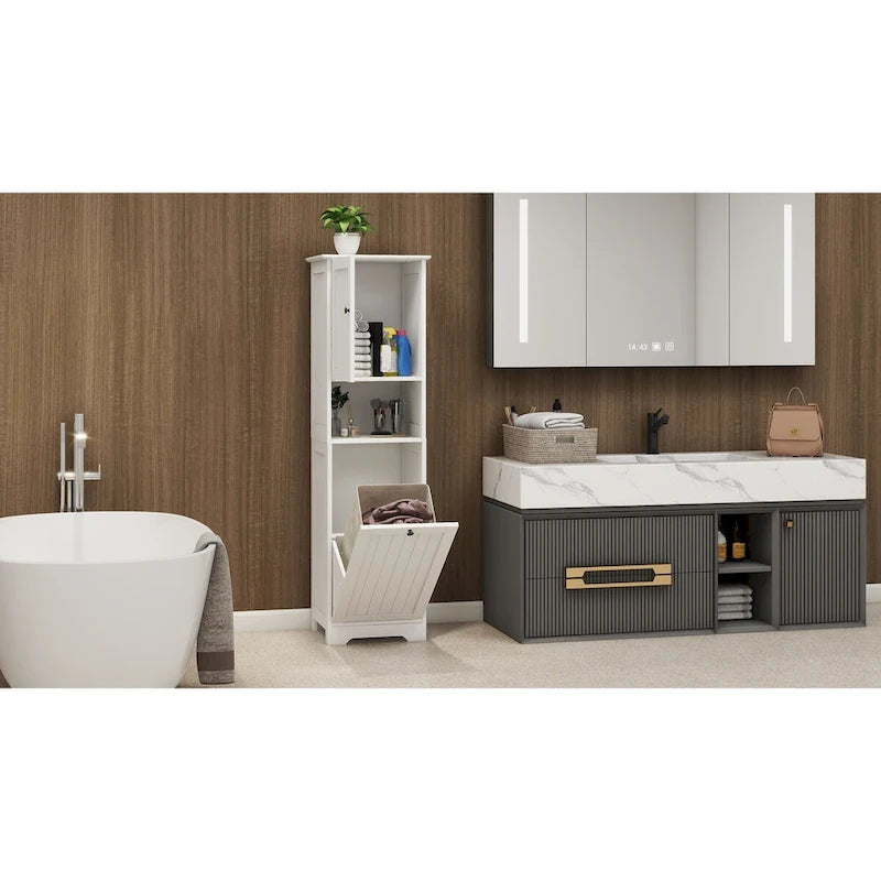 White Bathroom Floor Storage Cabinet with Tilt-Out Laundry Hamper and Open Shelves