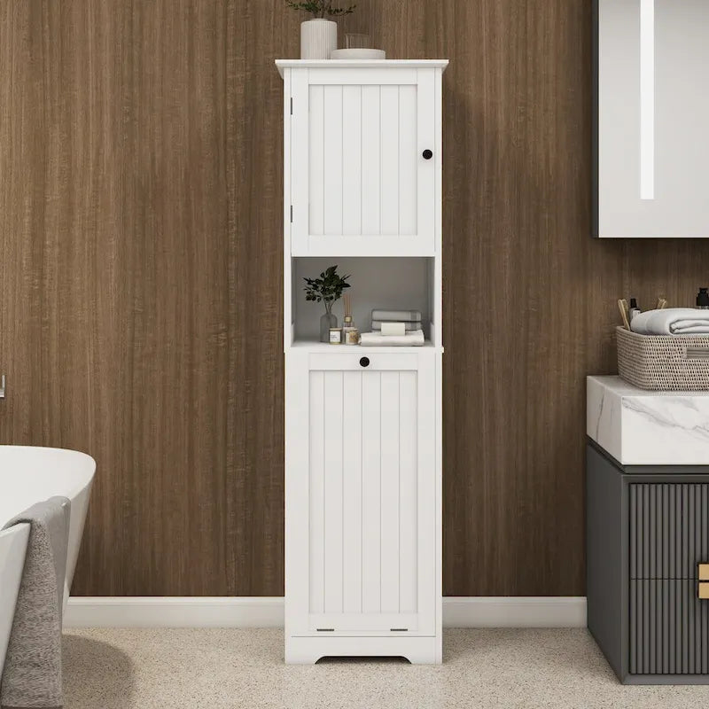 White Bathroom Floor Storage Cabinet with Tilt-Out Laundry Hamper and Open Shelves