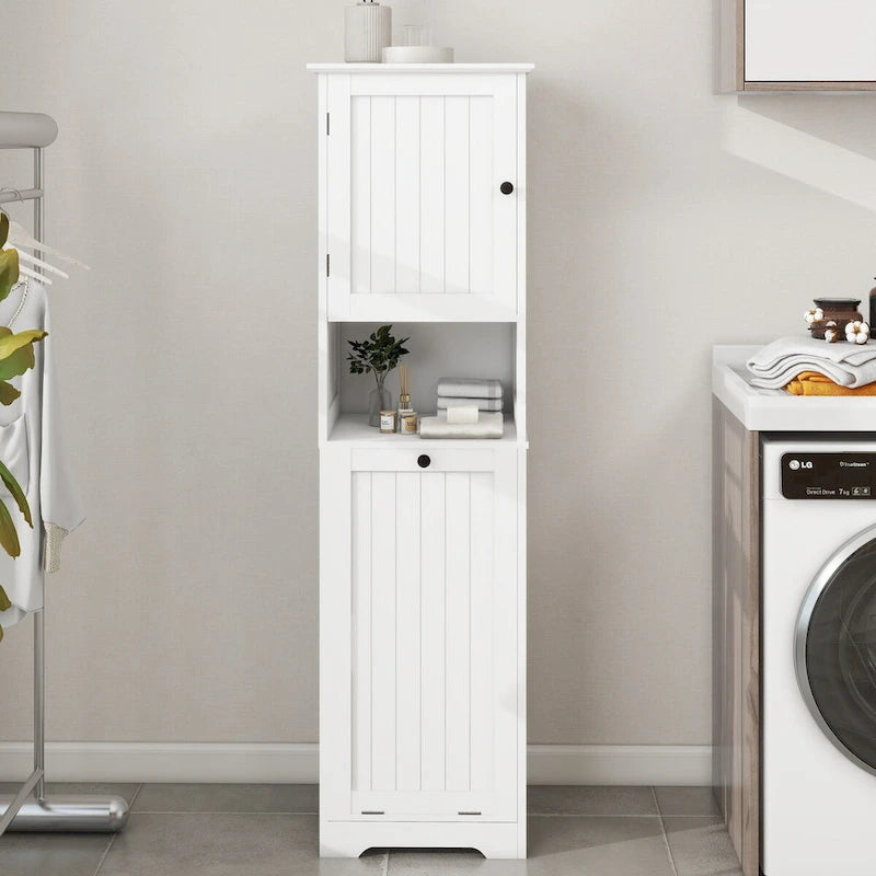 White Bathroom Floor Storage Cabinet with Tilt-Out Laundry Hamper and Open Shelves