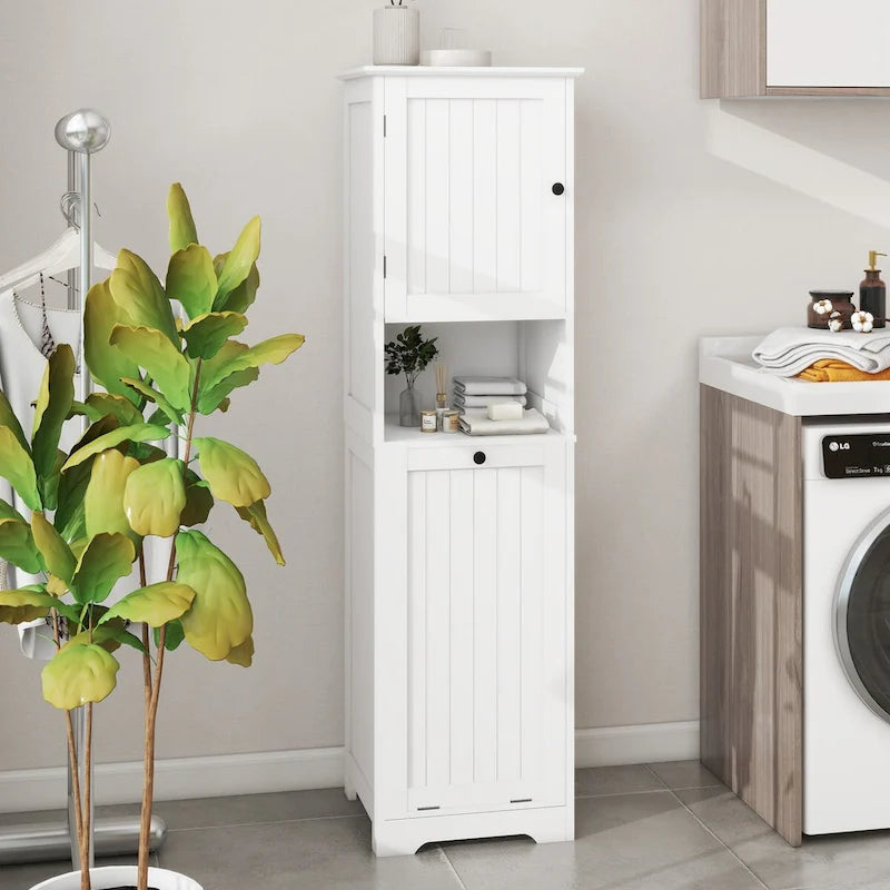 White Bathroom Floor Storage Cabinet with Tilt-Out Laundry Hamper and Open Shelves