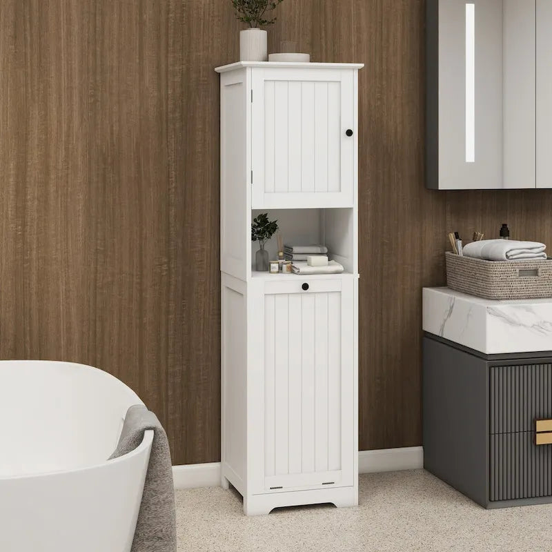 White Bathroom Floor Storage Cabinet with Tilt-Out Laundry Hamper and Open Shelves