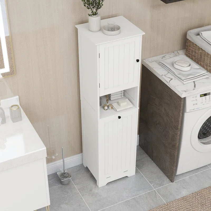 White Bathroom Floor Storage Cabinet with Tilt-Out Laundry Hamper and Open Shelves