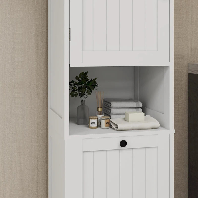 White Bathroom Floor Storage Cabinet with Tilt-Out Laundry Hamper and Open Shelves