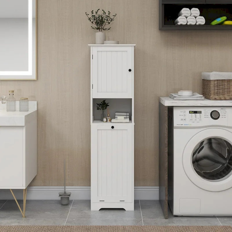 White Bathroom Floor Storage Cabinet with Tilt-Out Laundry Hamper and Open Shelves