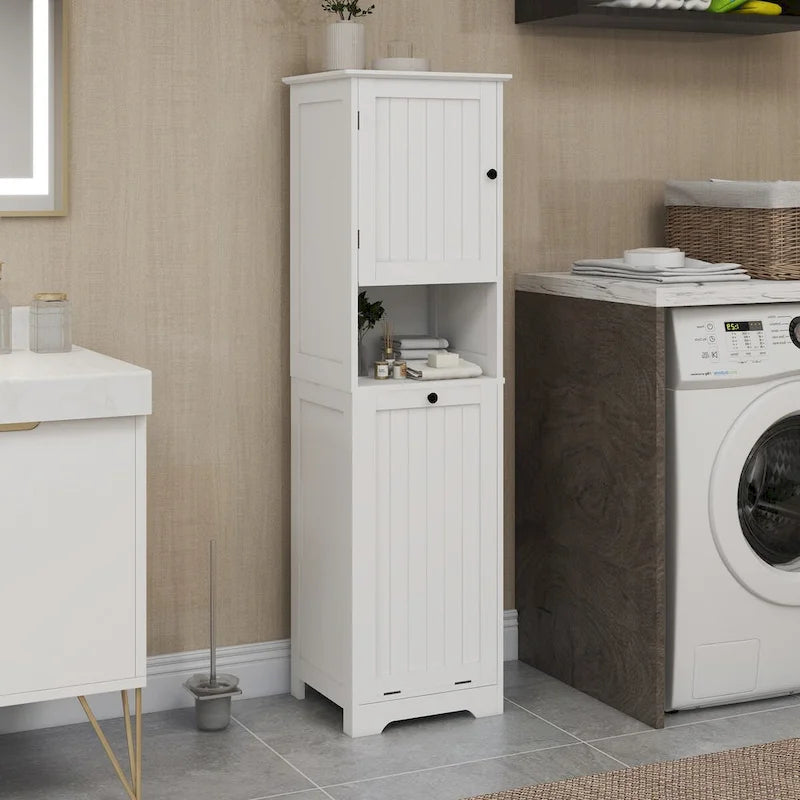 White Bathroom Floor Storage Cabinet with Tilt-Out Laundry Hamper and Open Shelves