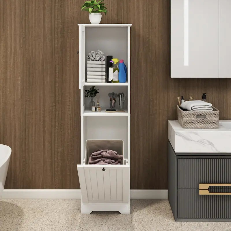 White Bathroom Floor Storage Cabinet with Tilt-Out Laundry Hamper and Open Shelves