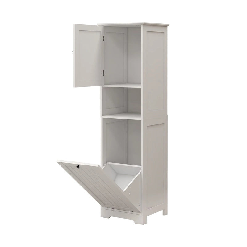White Bathroom Floor Storage Cabinet with Tilt-Out Laundry Hamper and Open Shelves