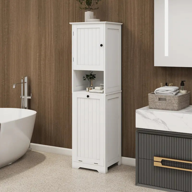 White Bathroom Floor Storage Cabinet with Tilt-Out Laundry Hamper and Open Shelves