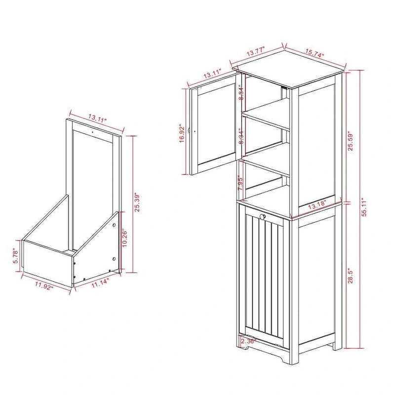 White Bathroom Floor Storage Cabinet with Tilt-Out Laundry Hamper and Open Shelves