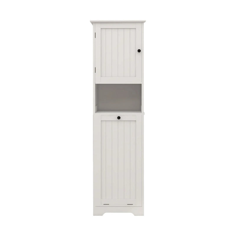 White Bathroom Floor Storage Cabinet with Tilt-Out Laundry Hamper and Open Shelves