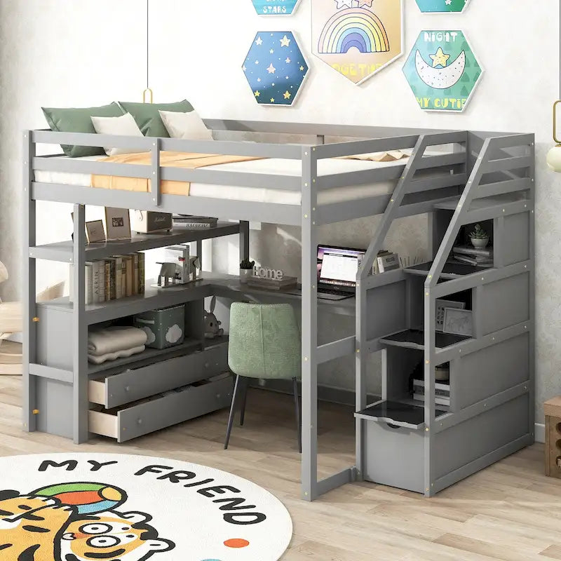 Gray Pine Loft Bed with Desk, Shelves, Storage Drawers, Storage Staircase