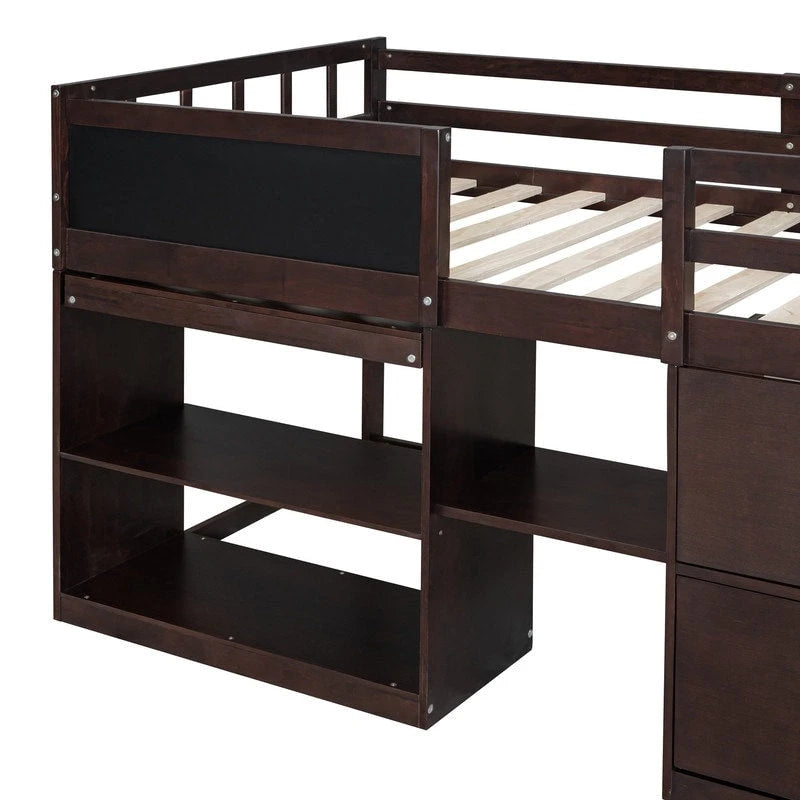 Twin Size Low Loft Bed with Rolling Desk, Shelf and Drawers
