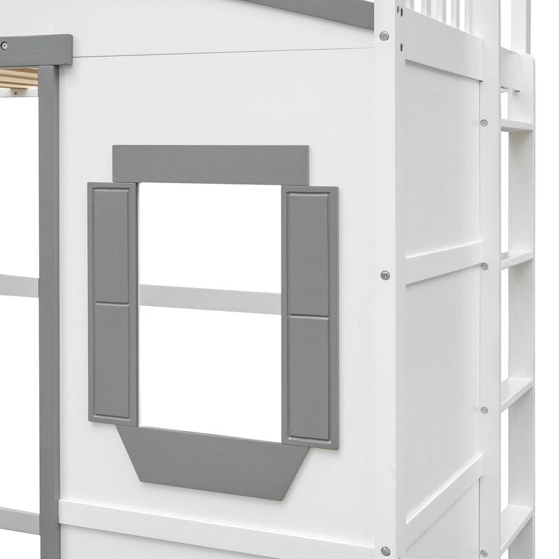 Twin Size Wooden House Loft Bed With Ladder