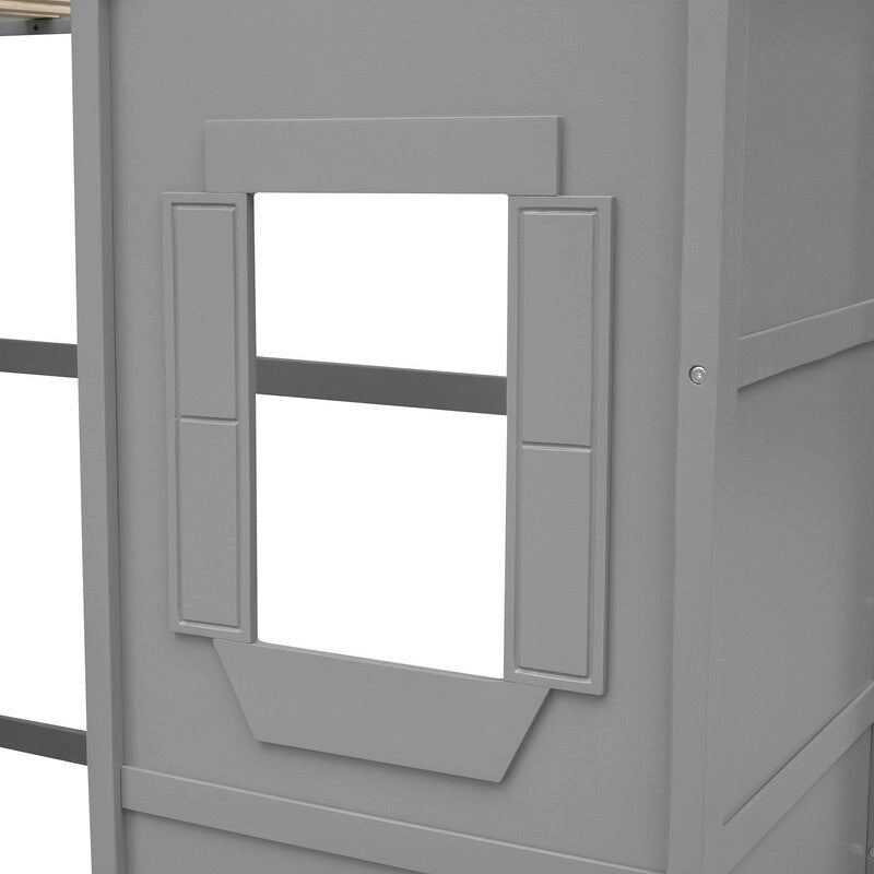 Twin Size Wooden House Loft Bed With Ladder