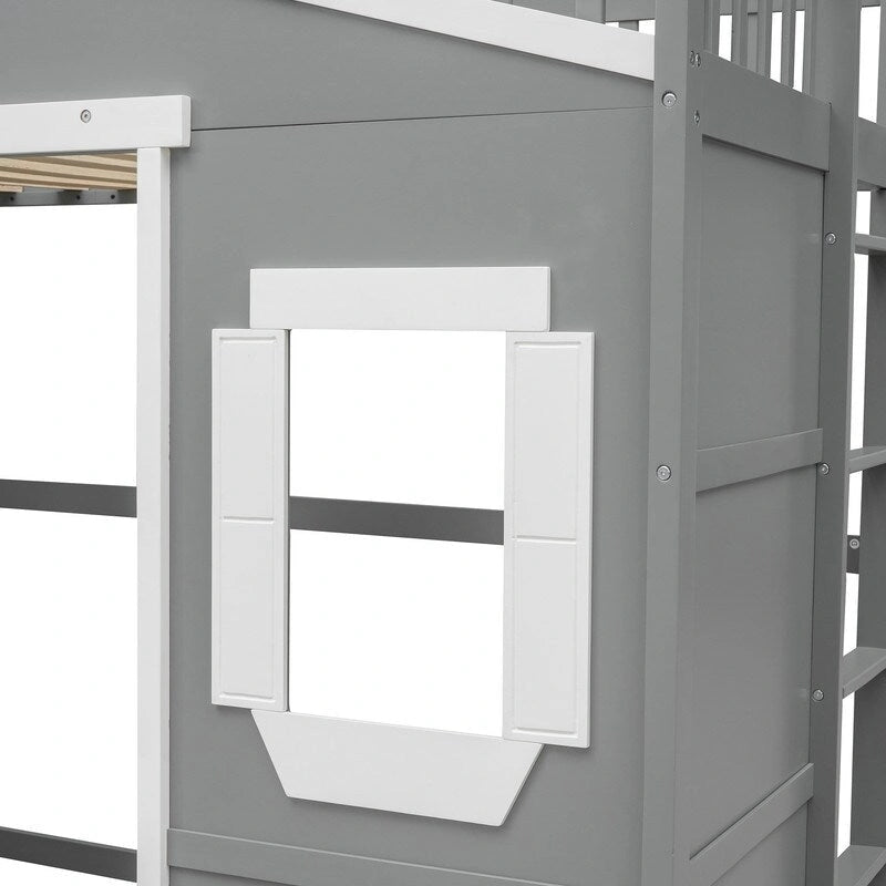 Twin Size Wooden House Loft Bed With Ladder