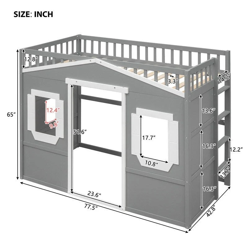 Twin Size Wooden House Loft Bed With Ladder