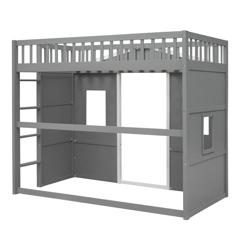 Twin Size Wooden House Loft Bed With Ladder