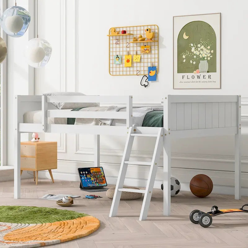 Low Loft Bed Solid Wood Frame with Convertible Ladder, Grey/White
