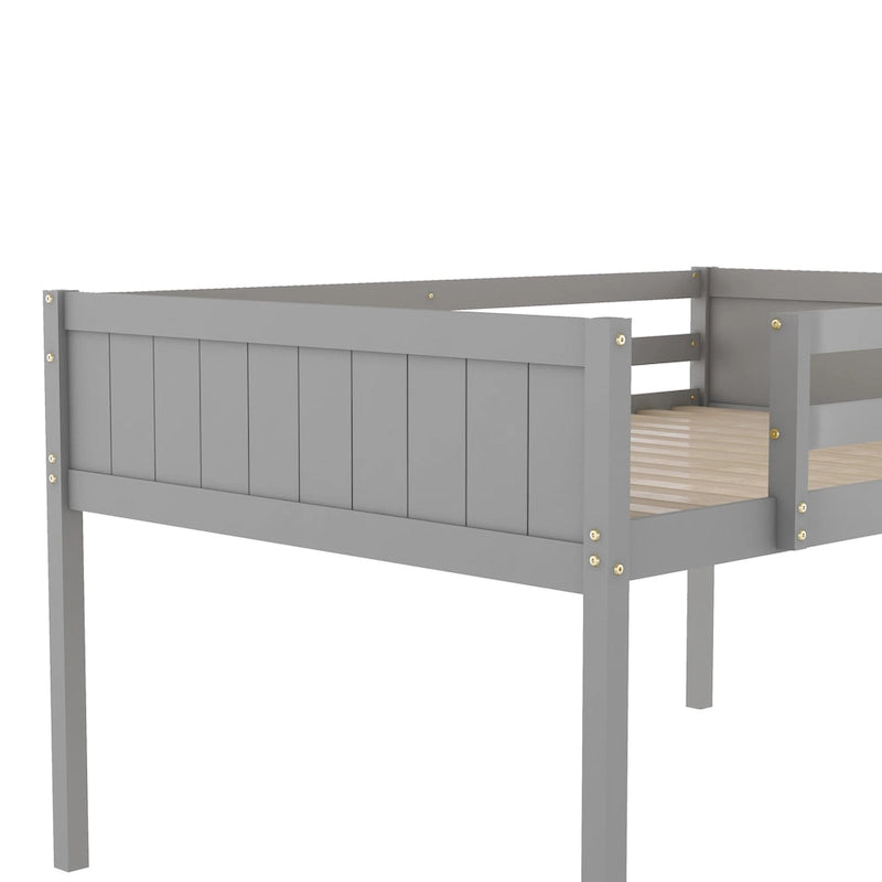Low Loft Bed Solid Wood Frame with Convertible Ladder, Grey/White