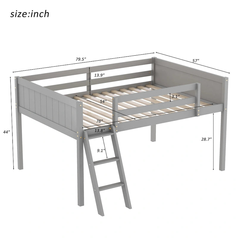 Low Loft Bed Solid Wood Frame with Convertible Ladder, Grey/White