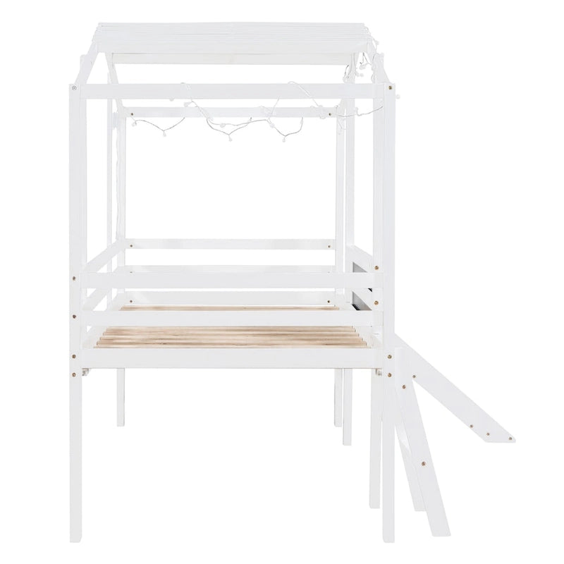 Twin Size Loft Bed with Ladder and Slide, House Bed with Blackboard