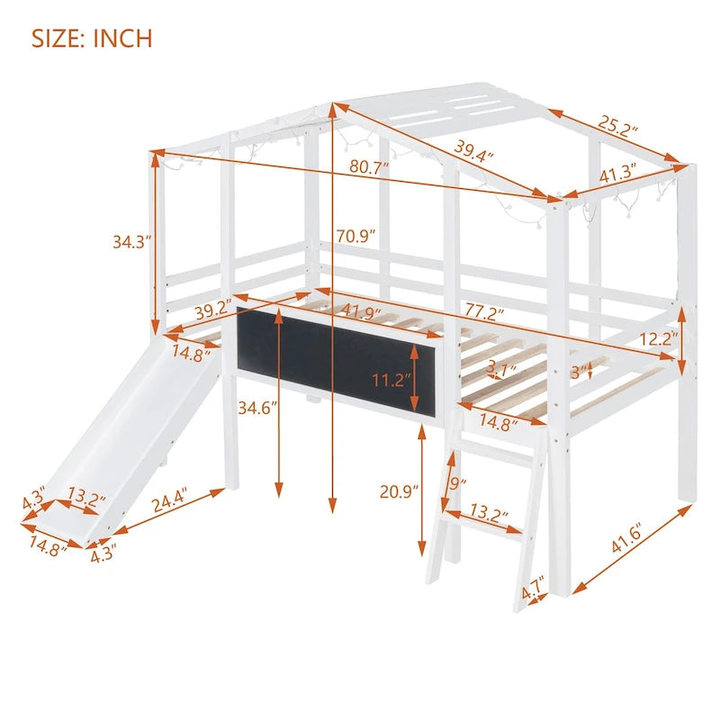 Twin Size Loft Bed with Ladder and Slide, House Bed with Blackboard