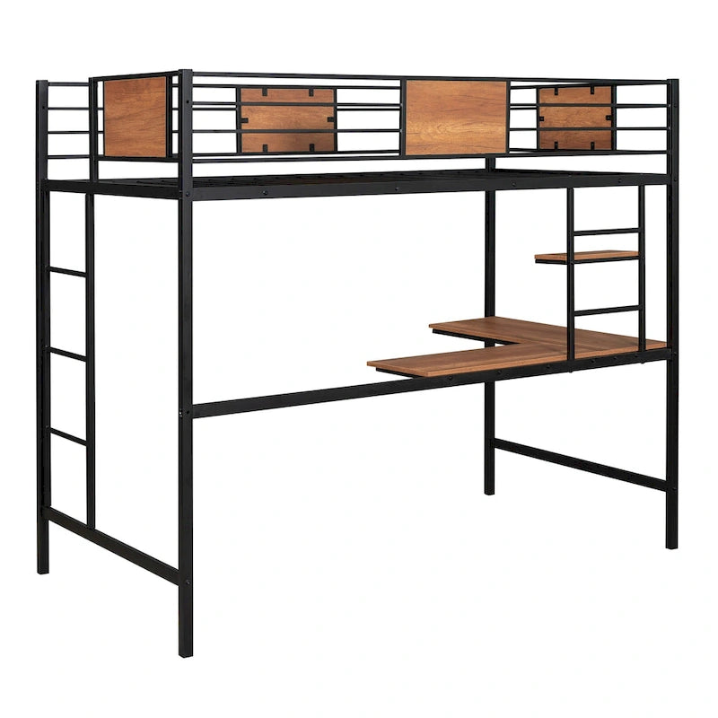 Metal Loft Bed Twin Size with Desk and Shelves