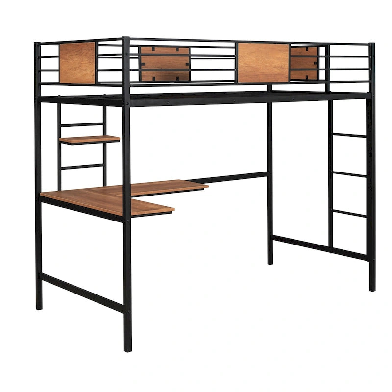 Metal Loft Bed Twin Size with Desk and Shelves