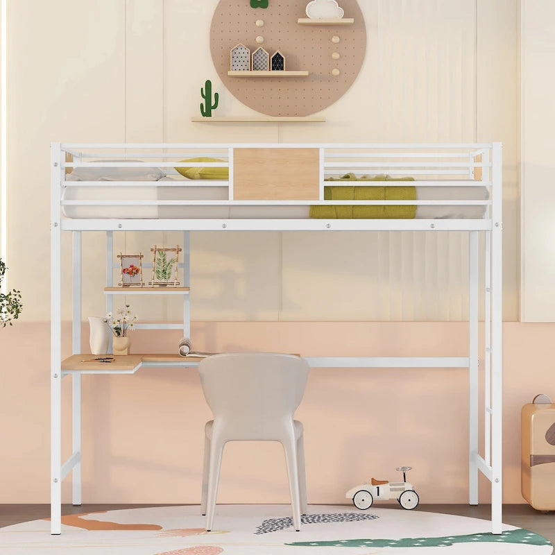 Metal Loft Bed Twin Size with Desk and Shelves