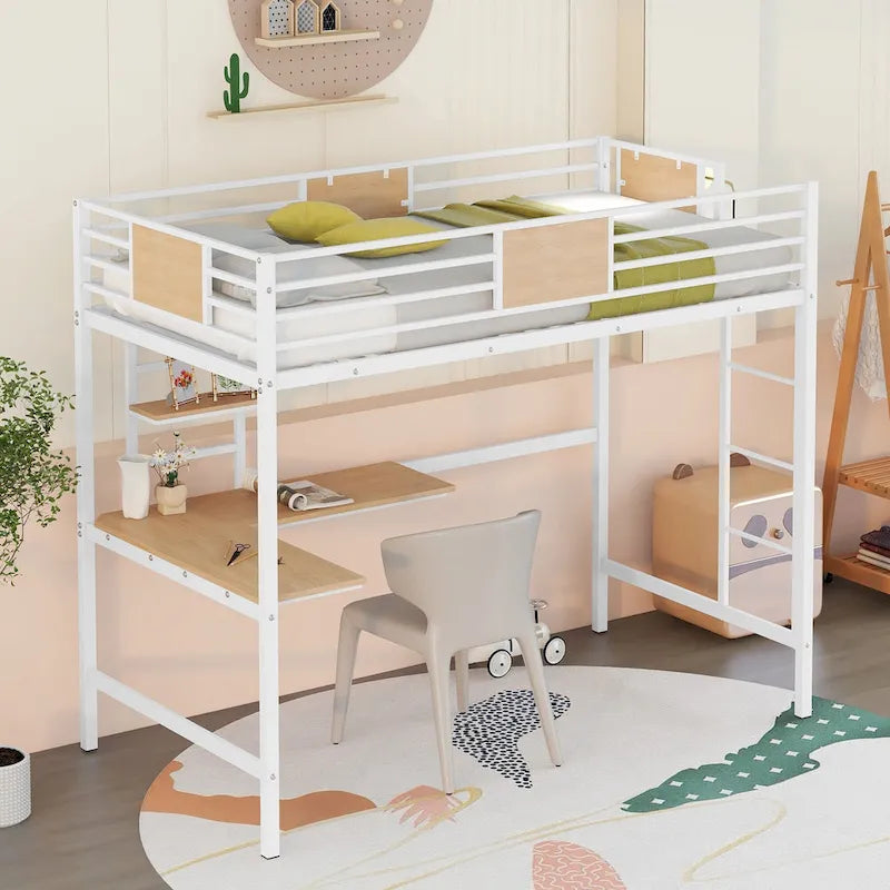 Metal Loft Bed Twin Size with Desk and Shelves
