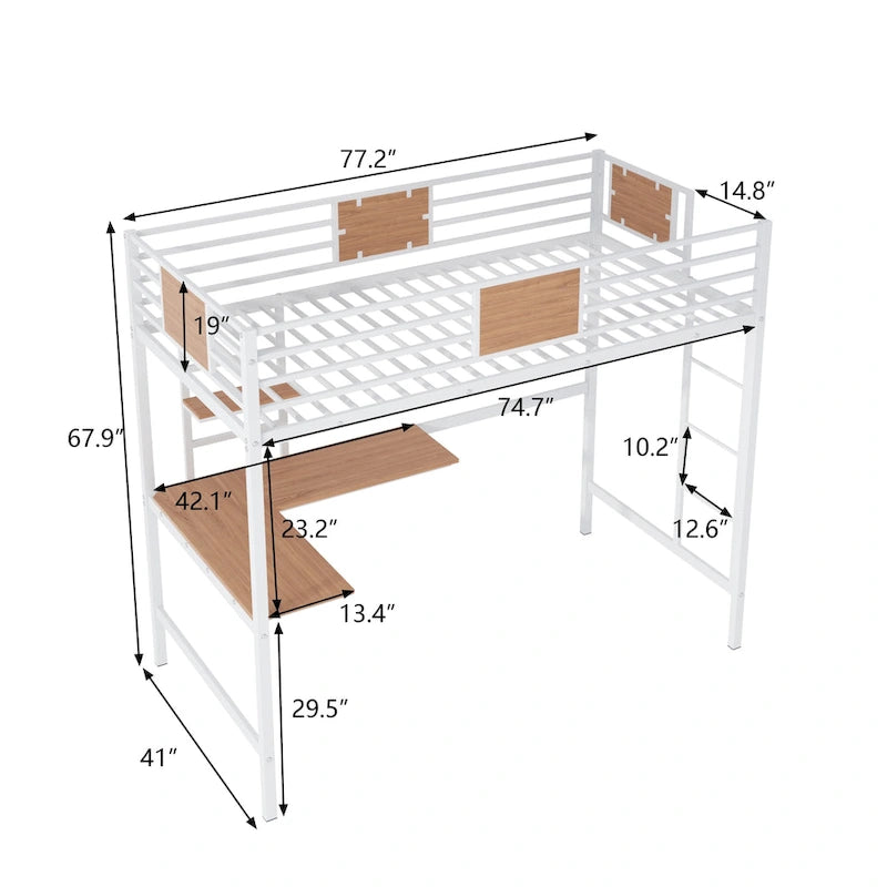 Metal Loft Bed Twin Size with Desk and Shelves