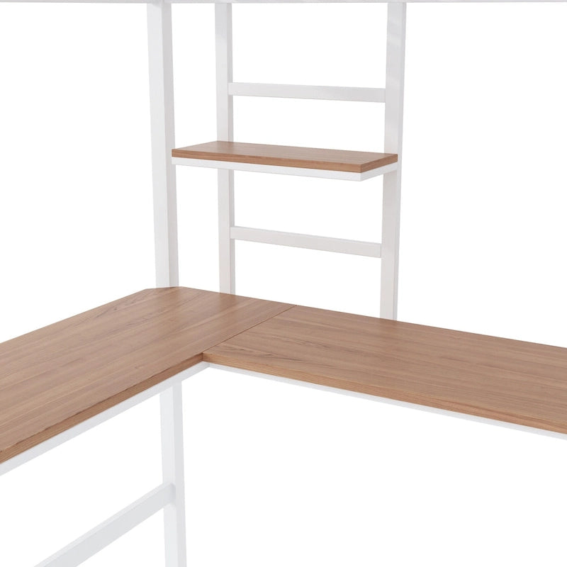 Metal Loft Bed Twin Size with Desk and Shelves
