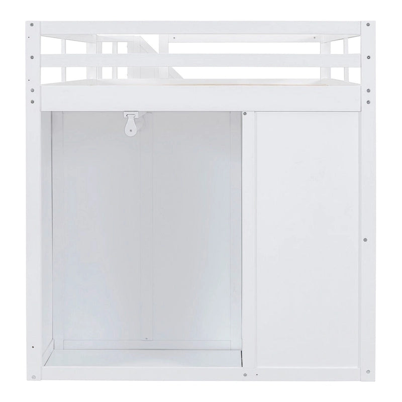 Full Size Wood Loft Bed with Wardrobe, Drawers and Storage Staircase in Grey White