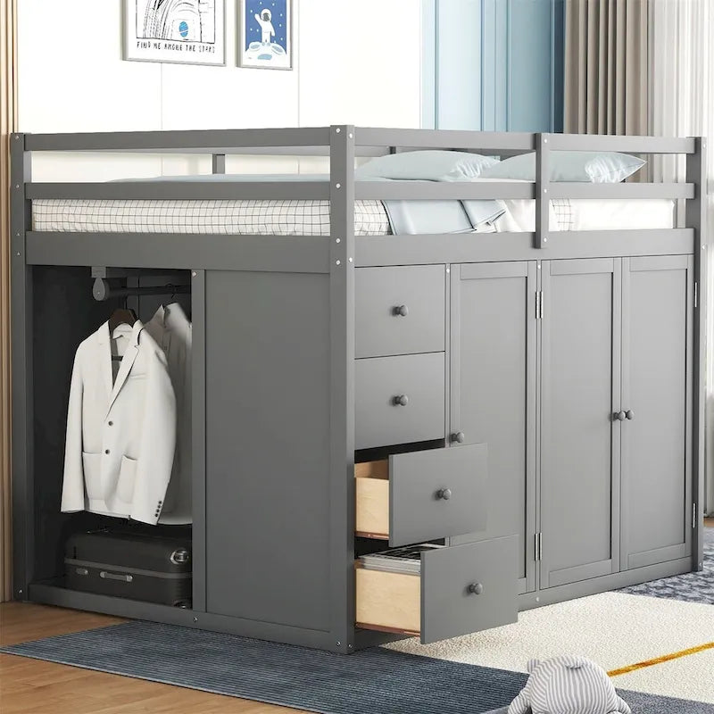 Full Size Wood Loft Bed with Wardrobe, Drawers and Storage Staircase in Grey White